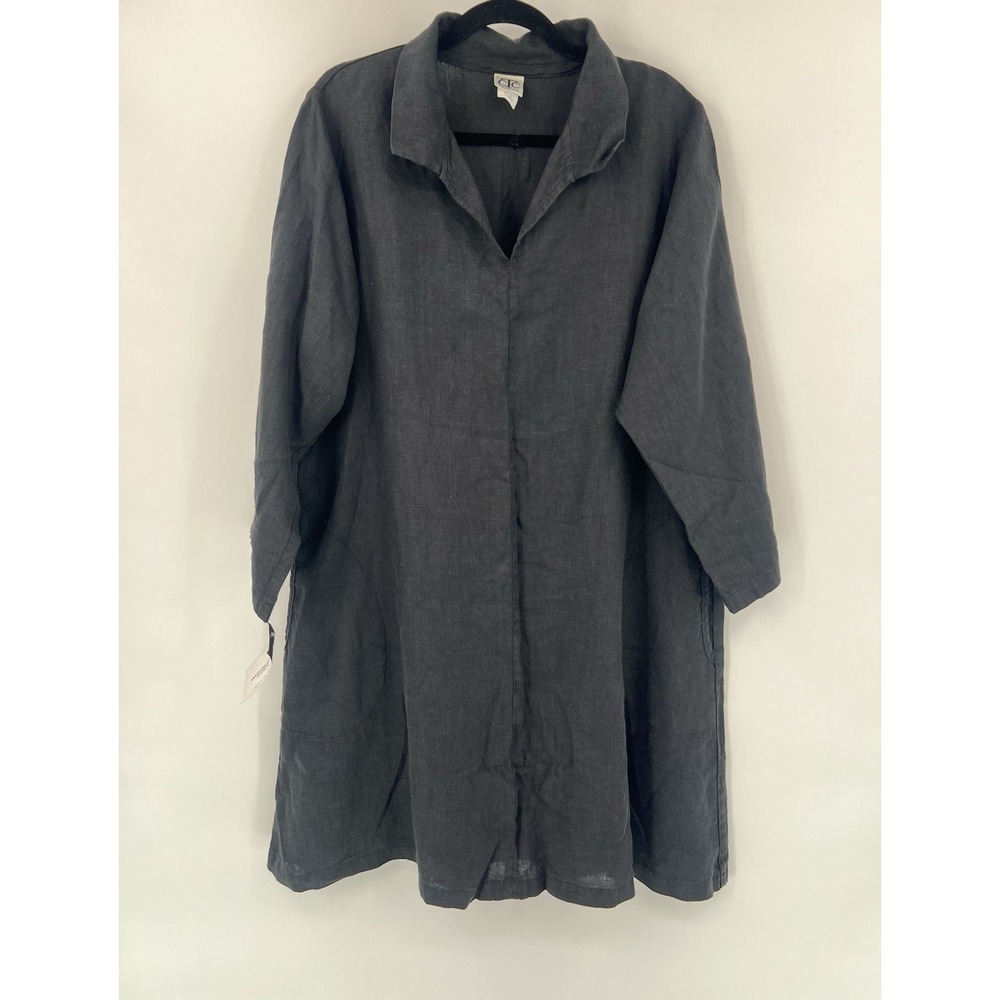 CTC Linens Black Linen Collared Tunic Dress Size L